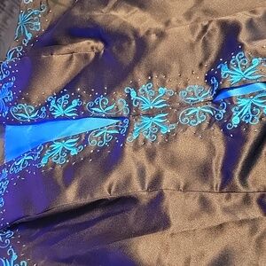 Niki by Niki Livas. Blue/black satin like puff dress and scarf. 16.